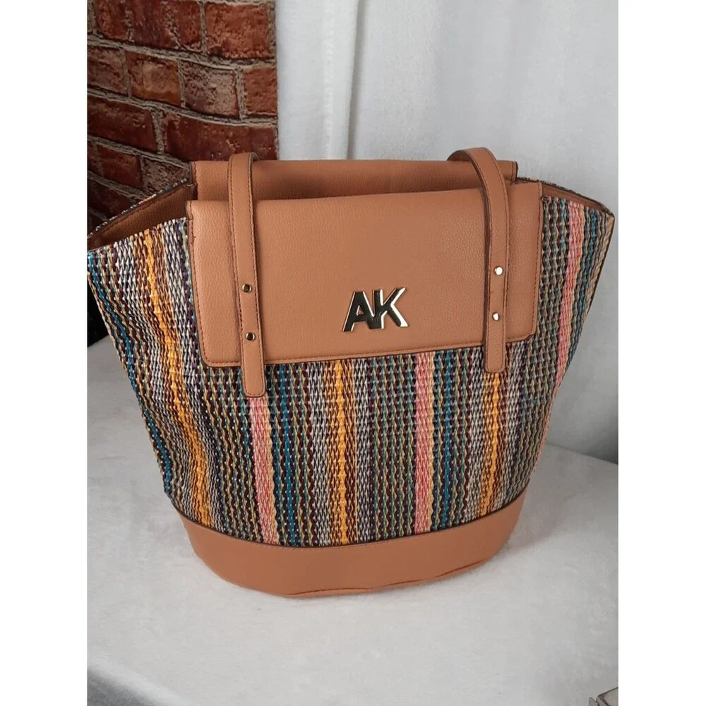 Anne Klein Straw Striped Woven Tote Bag